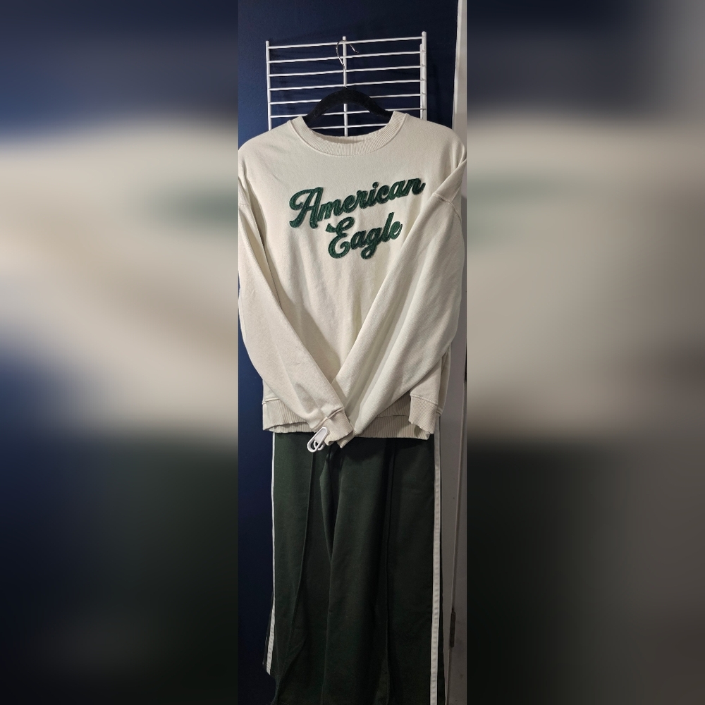 American Eagle Outfitters Cream Sweatshirt And AE Green Track Pants